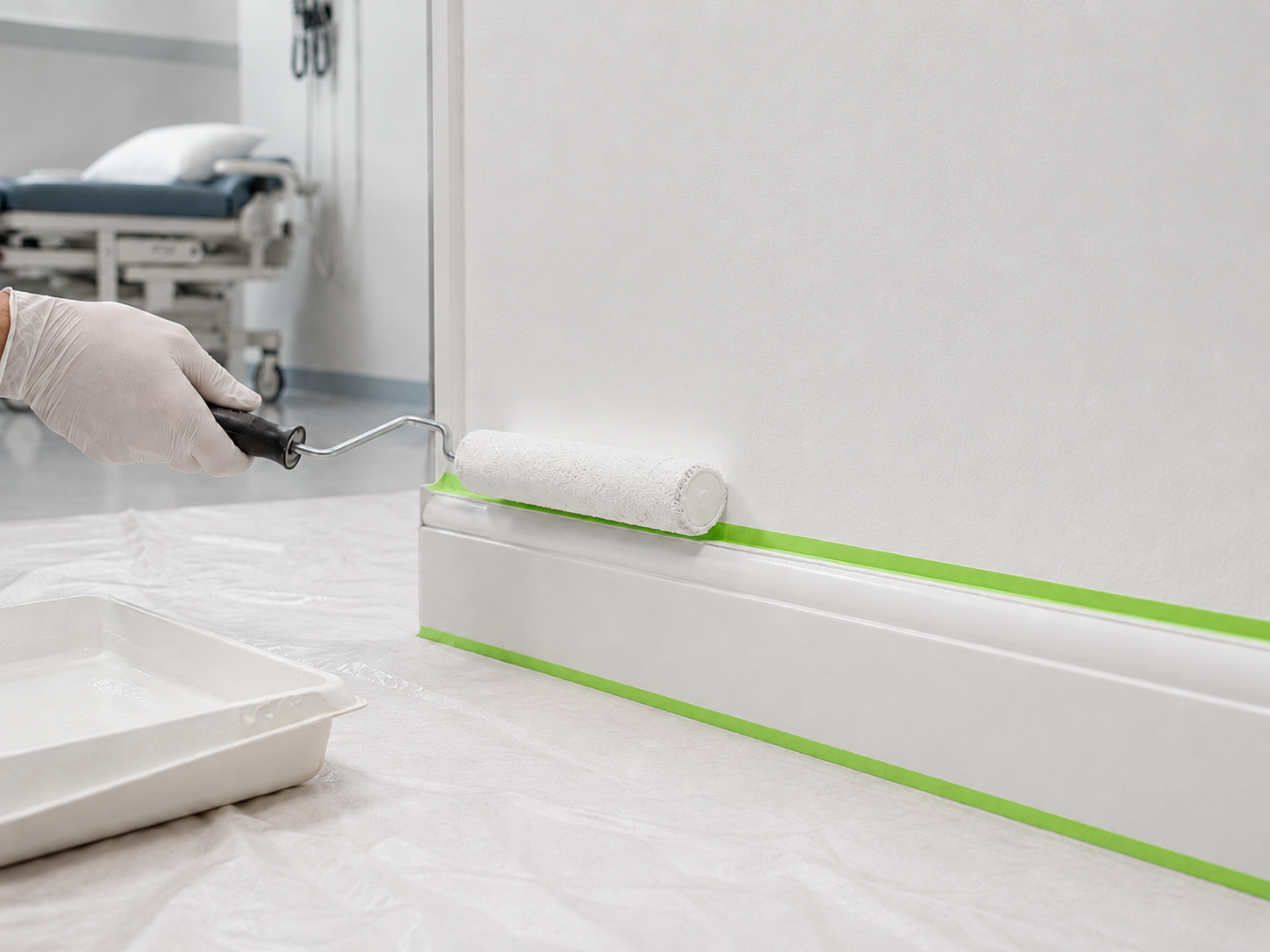 paint roller on hospital interior wall skirting with neon green painters tape
