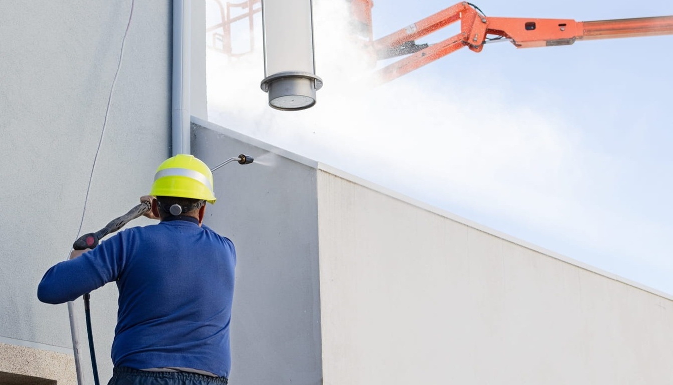 worker cleaning building facade with high pressure water jet