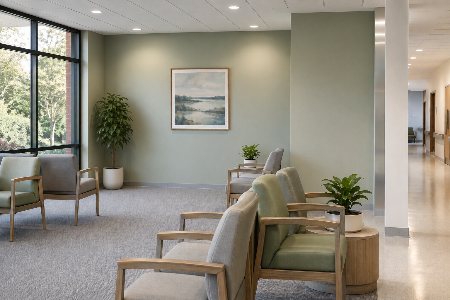 waiting room of a hospital painted with calm muted colours on walls