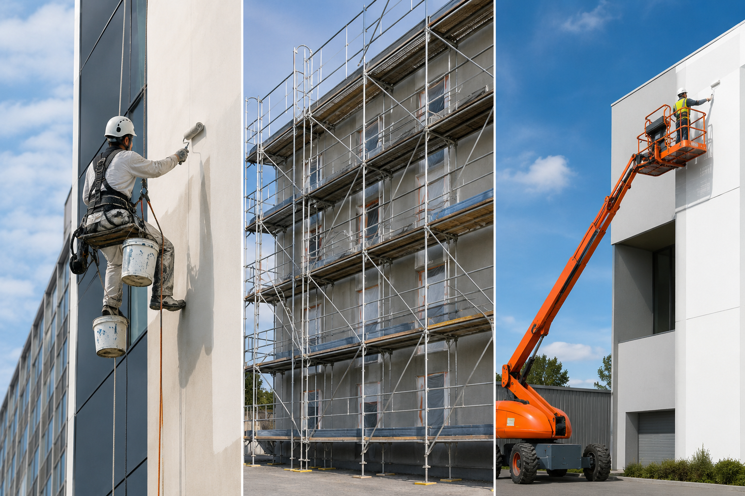 comparison of high rise painting methods abseiling, scaffolding, elevated work platforms side by side