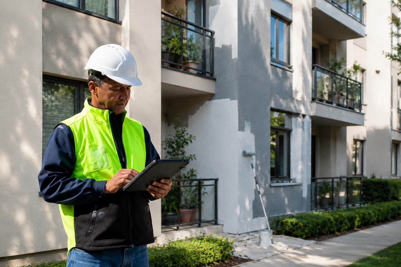 a painting company supervisor managing the progress of a job on a strata building site