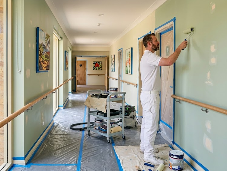 a skilled painter working on an interior wall of an aged care facility in sydney