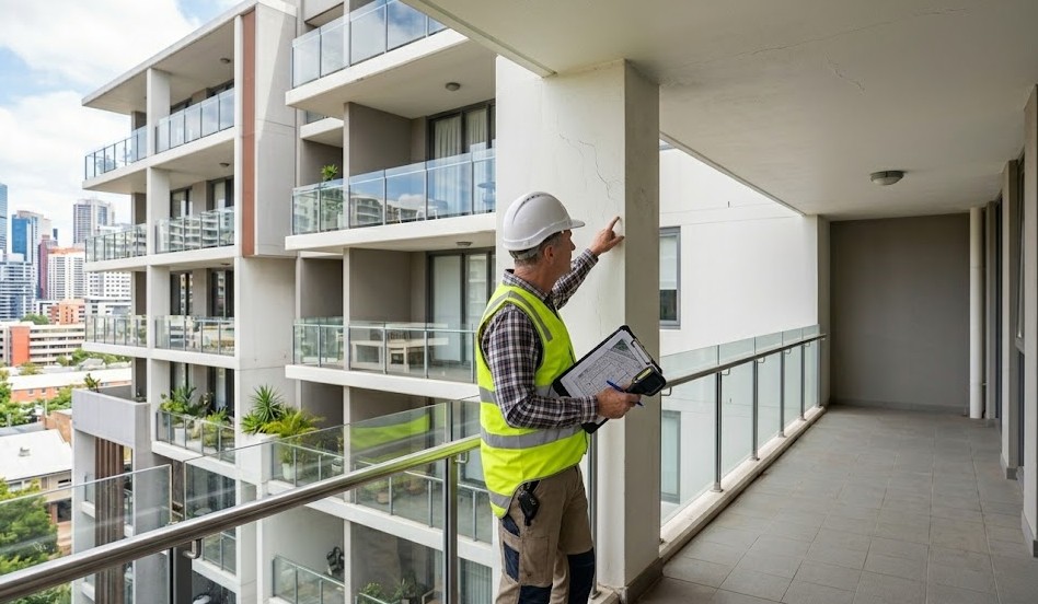 a project manager or estimator doing a pre-paint inspection of a strata building